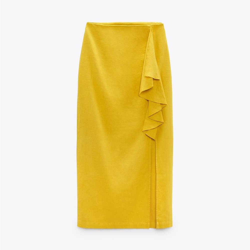 Elegant Yellow Linen Ruffle Skirt Zara